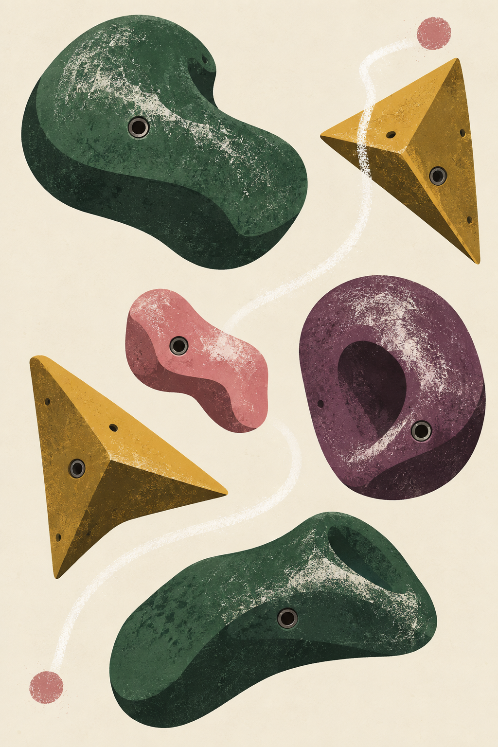 An original composition of colorful holds and a winding climbing route